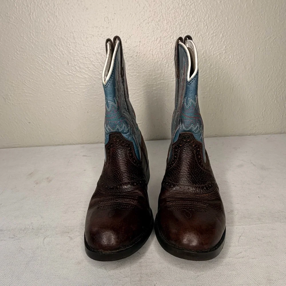 Ariat western brown boot with blue embroidered shaft